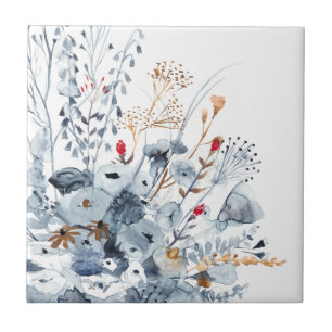 Indigo u. Ocker - Watercolor-Blumen Fliese