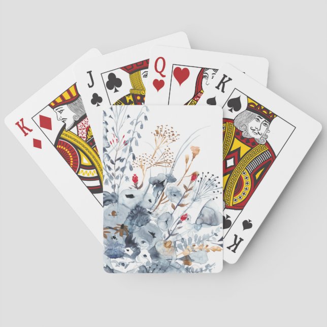 Indigo u. Ocker - Watercolor-Blumen Spielkarten (Rückseite)