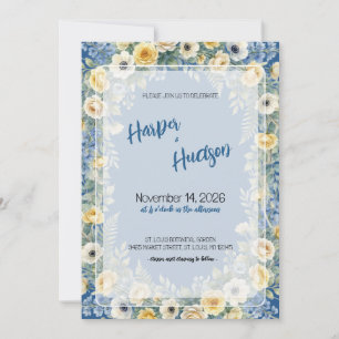 Indigo- und gelbe Blumeneinladung zur Hochzeit Einladung