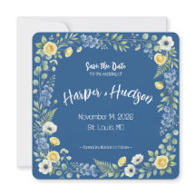Indigo- und gelbe Blüten - Save-the-Date-Karte