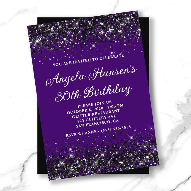 Indigo und Schwarzer Glitzer 30. Geburtstag Einladung (Indigo and Black Glitter 30th Birthday Invitation)