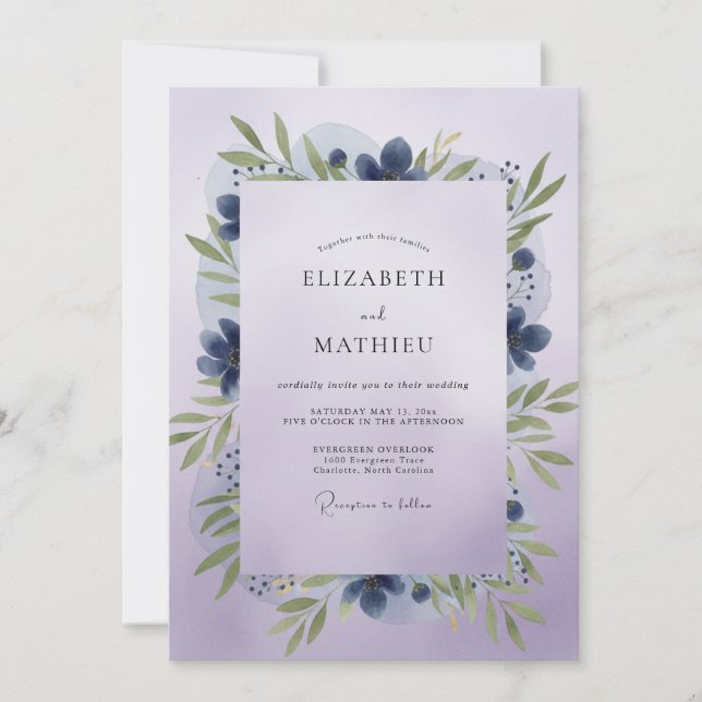 Indigo-Veilchen-Blatt-Hochzeit Einladung (Vorderseite)