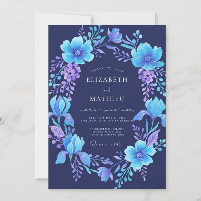 Indigo-Veilchen-Kranz-Hochzeit Einladung (Vorderseite)