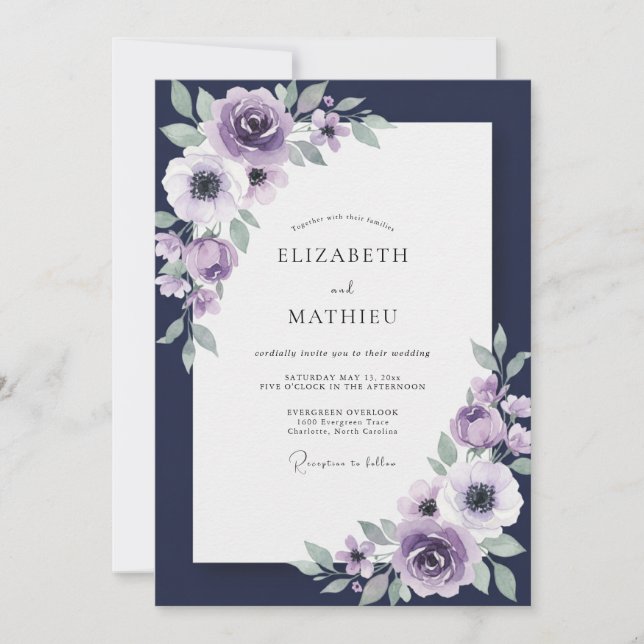 Indigo-Violette Bemalte Hochzeit Einladung (Vorderseite)