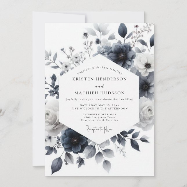 Indigo Wash Botanical Wedding Einladung (Vorderseite)
