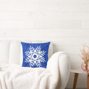 Indigo Watercolor Abstrakt Snowflake Kissen