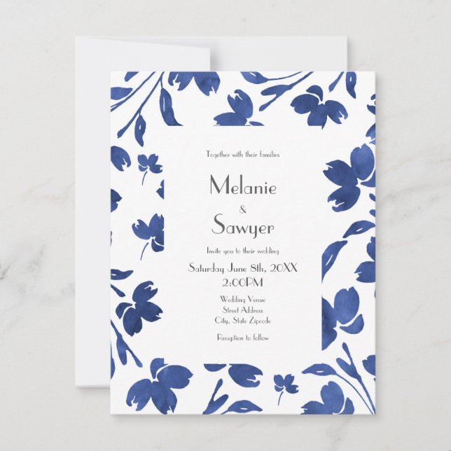 Indigo Watercolor Blume Stems Einladung (Vorderseite)