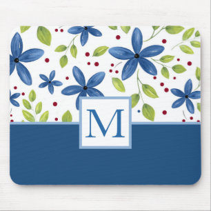Indigo Watercolor Floral Bouquet Muster Mousepad
