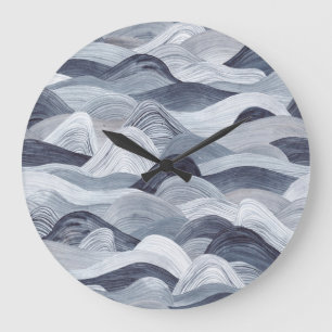 Indigo Watercolor Wave Nahtlos Große Wanduhr