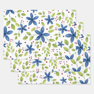 Indigo Waterolor Floral Bouquet Muster Geschenkpapier Set