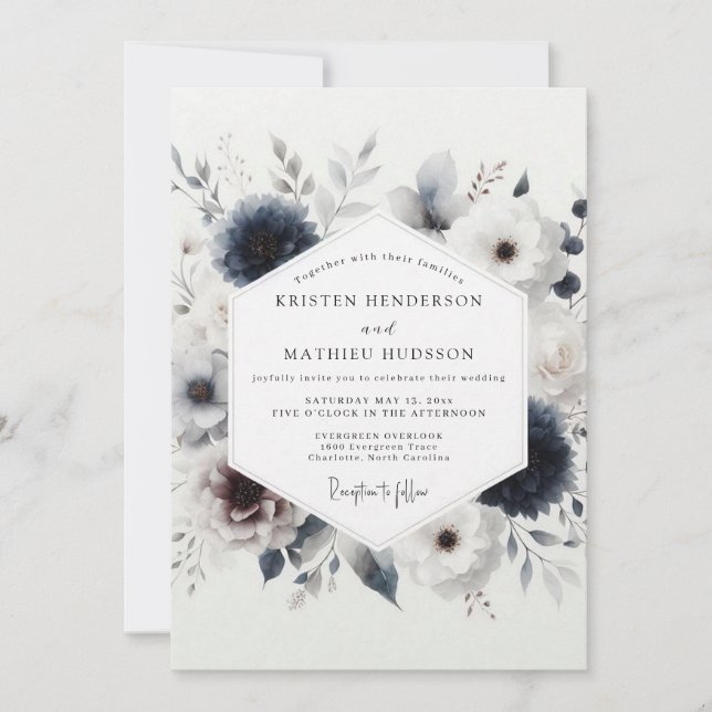 Indigo Winter Florale Hochzeit Einladung (Vorderseite)