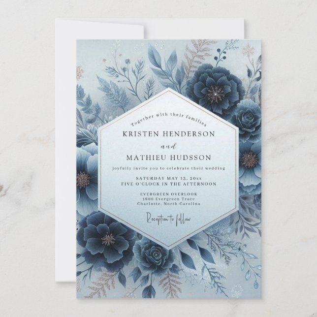 Indigo Wintry Flora Wedding Einladung (Vorderseite)