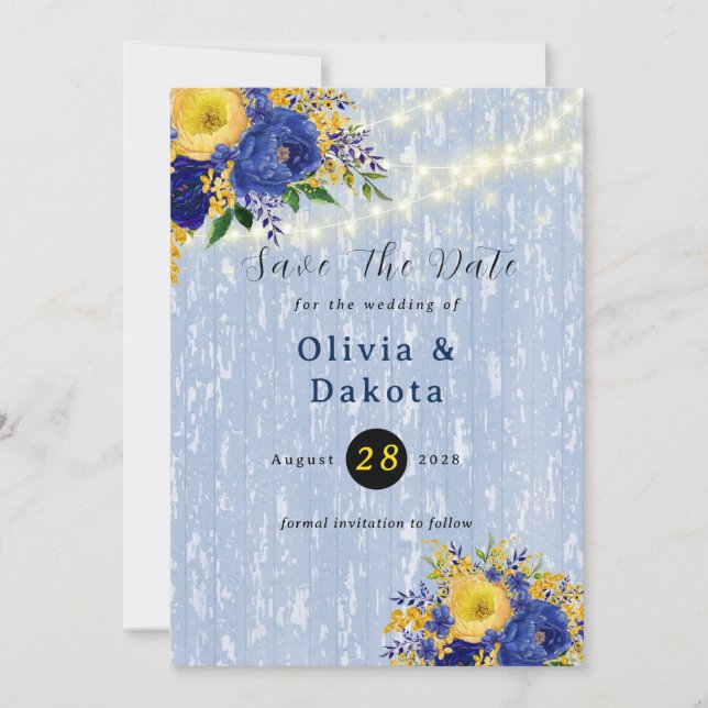 Indigo Yellow Peony Lights Save the Date Karte (Vorderseite)