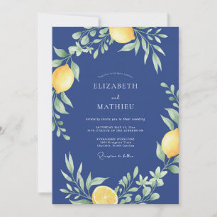 Indigo-Zitronen-Aquarell-Hochzeit Einladung