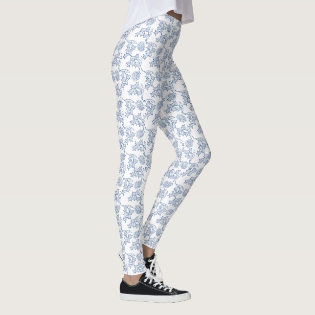 Indigoblau-florales Muster auf Weiß, um es individ Leggings (Rechts)