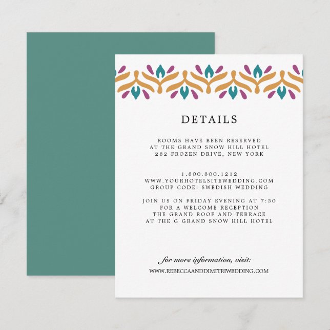 Indisch Folk Art Jade Green WEDING Gästedaten Begleitkarte (Vorne/Hinten)