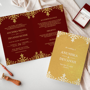 Indisch Stil Rot Gold Damast Hochzeitseinladung Folienkarte