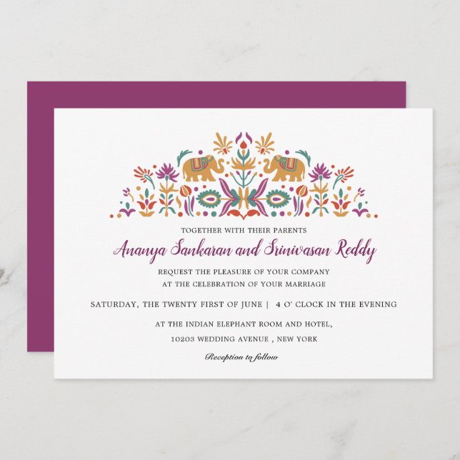 Indische Blume Elephant Lila moderne Hochzeit Einladung (Vorne/Hinten)
