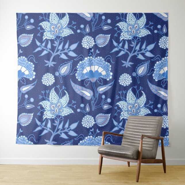 Indische Blume mit dunkelblauer und hellblauer Hau Wandteppich (Beispiel (Horizontal))