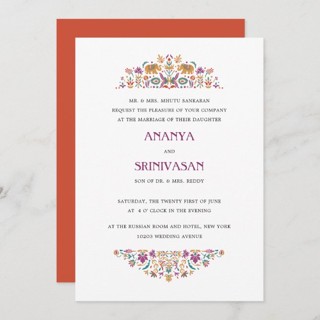Indische Blume Orange Elephant Feierliche Hochzeit Einladung (Vorne/Hinten)