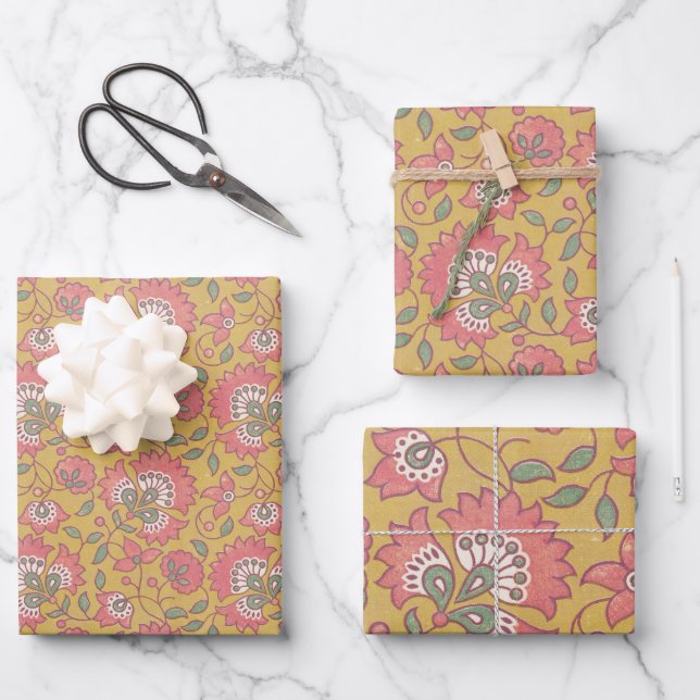 indische Blumen-Wrap-Papier-Flat Sheet Set aus 3 Geschenkpapier Set (Vorderseite)