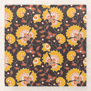 Indische Blumenkolorierte Vintage-Nahtlos Glasuntersetzer