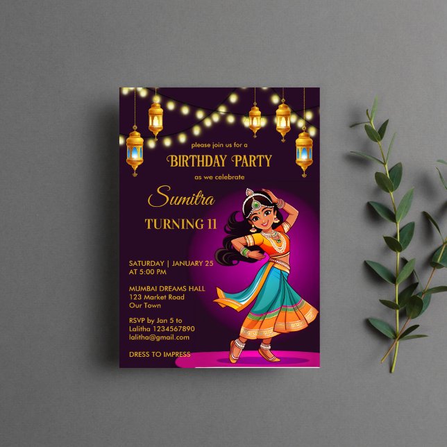 Indische Bollywood-Mädchen Geburtstagsgeschenk Einladung (Indian Bollywood girls birthday party template invitation digital download purple and gold cute girl)