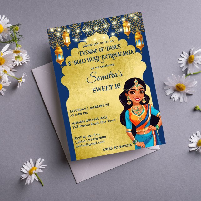 Indische Bollywood-Mädchen Geburtstagsgeschenk Einladung (Indian style Bollywood girls birthday party template invitation digital download blue and gold)