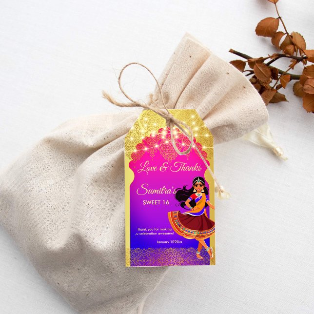 Indische Bollywood-Mädchen Geburtstagsparty Gunst Geschenkanhänger (Indian Bollywood girls birthday party thank you favor Gift Tags pink and gold cartoon caricature)