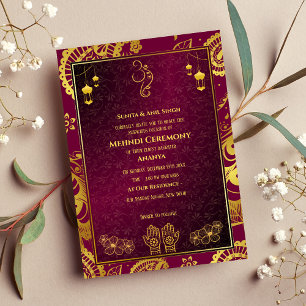 Indische Braut Mehndi-Zeremonie Goldenes Design Einladung