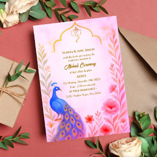Indische Braut Mehndi-Zeremonie Pfau Floral Einladung