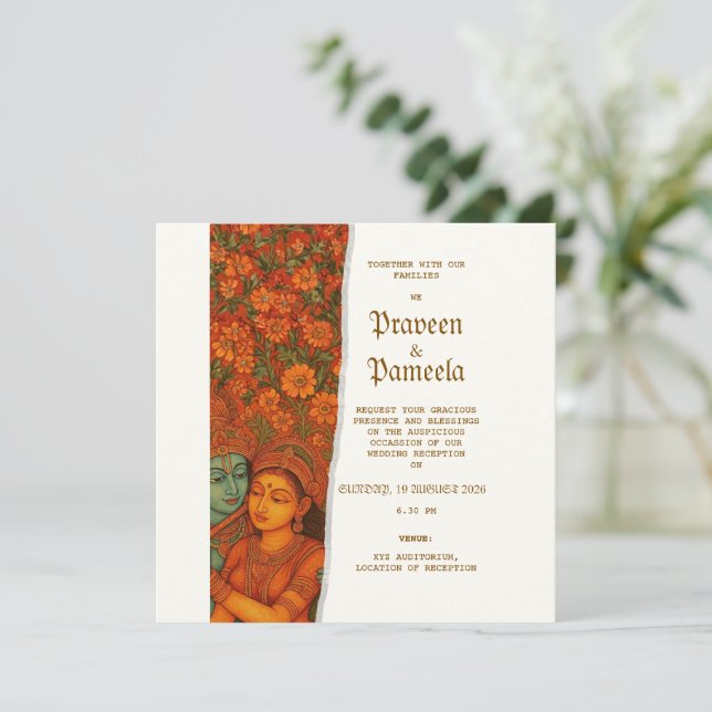 Indische Einladung mit Radhakrishna-Muralmalerei (Stehend Vorderseite)