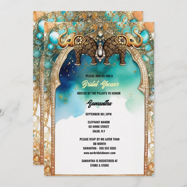 Indische Elefanten Aquarellblau traditionelle Edel Einladung (Vorne/Hinten)