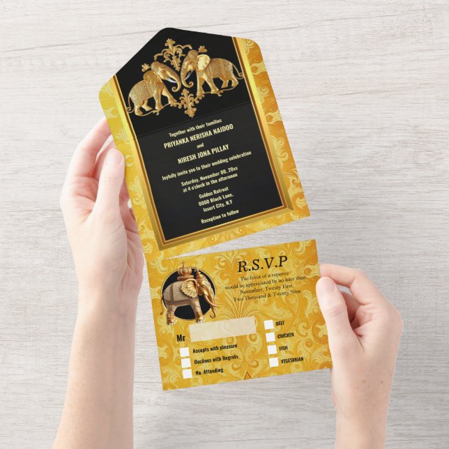 Indische Elefanten Golddamast Hindi Hindu All In One Einladung (Abreißen)
