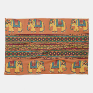 Indische Elefanten, Orange Nahtlos Traditionell. Geschirrtuch