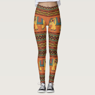 Indische Elefanten, Orange Nahtlos Traditionell. Leggings