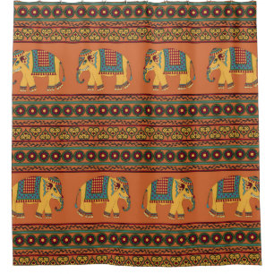 Indische Elefanten, Orange Traditional Seamless. Duschvorhang