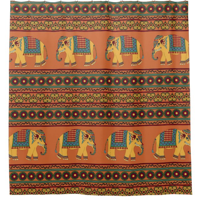 Indische Elefanten, Orange Traditional Seamless. Duschvorhang (Vorderseite)