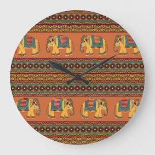 Indische Elefanten, Orange Traditional Seamless. Große Wanduhr