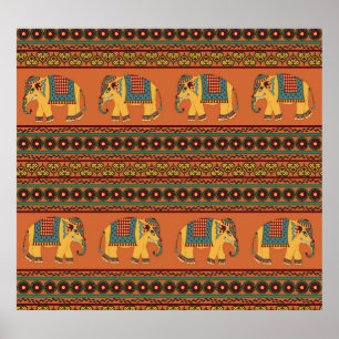 Indische Elefanten, Orange Traditional Seamless. Poster