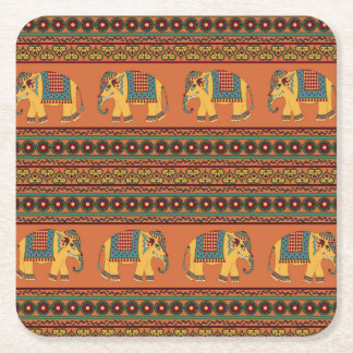 Indische Elefanten, Orange Traditional Seamless. Rechteckiger Pappuntersetzer