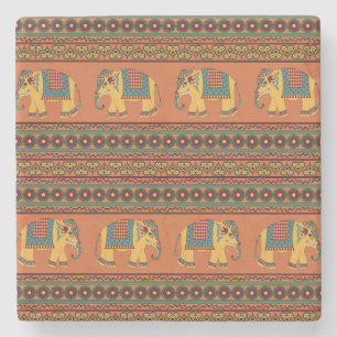 Indische Elefanten, Orange Traditional Seamless. Steinuntersetzer