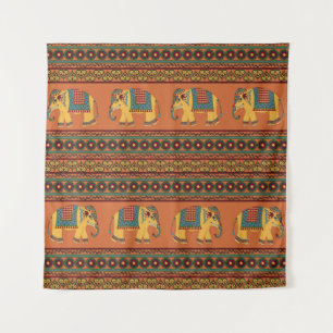 Indische Elefanten, Orange Traditional Seamless. Wandteppich