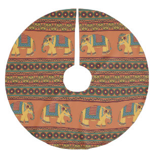 Indische Elefanten, Orange Traditionelles Nahtlose Polyester Weihnachtsbaumdecke