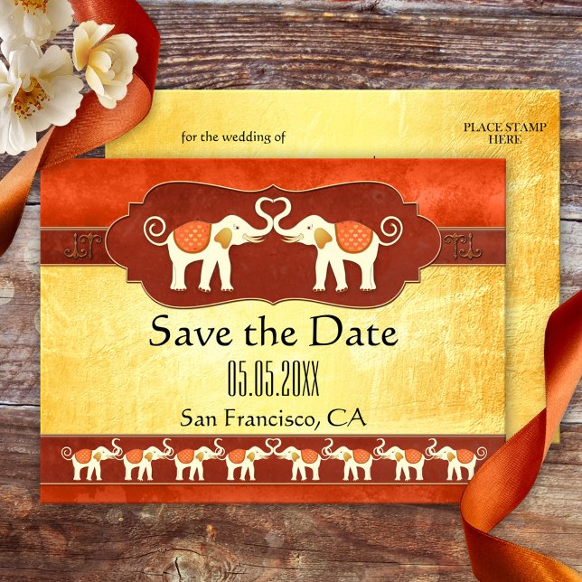 Indische ElfenbeinElefanten Save the Date Postcard Ankündigungspostkarte (Save the Date postcard featuring two happy elephants. Great for a zoo, safari or Asian wedding)