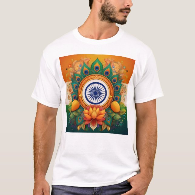 Indische Flagge mit Lotus und Peacock Feathers T-Shirt (Vorderseite)