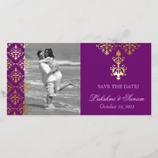 Indische Fotokarte Save the Date Damask Lila Gold