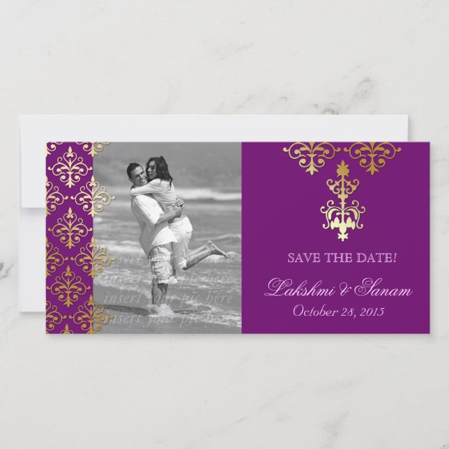Indische Fotokarte Save the Date Damask Lila Gold (Vorderseite)