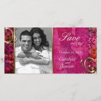 Indische Fotokarte Save the Date Damask Pink Gold