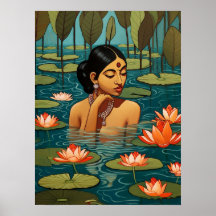 Indische Frau in einem Teich umgeben von Lotus-Blu